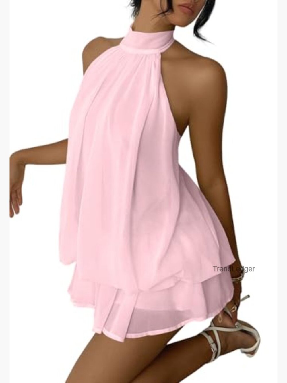Elegant Chiffon Halter Drop Waist Mini Dress Wedding Guest Formal Club Outfit - Picture 2 of 7